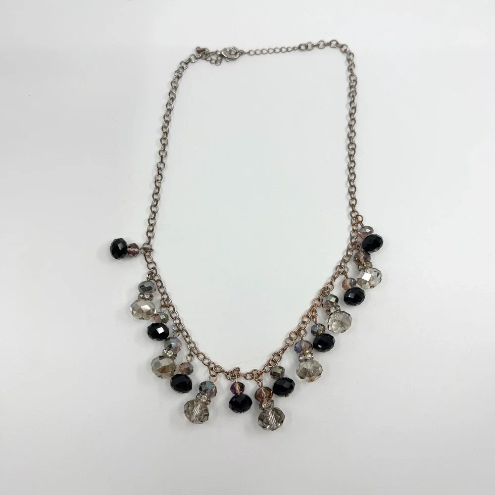 Vintage Silver Tone Black Clear Crystal Dangle Necklace Bib Fringe Statement 90s